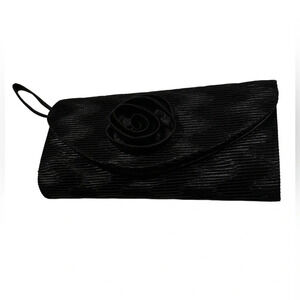 Vintage style  satin pleated flower detail black evening clutch bag.